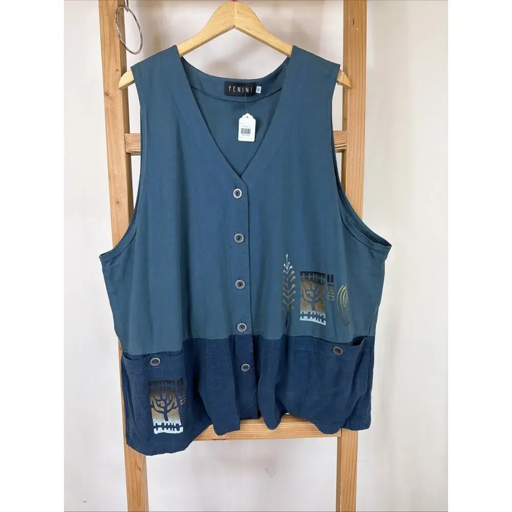 Fenini Blue Button Up Art To Wear Vest #1219 Size 1X USA Made - Picture 1 of 4